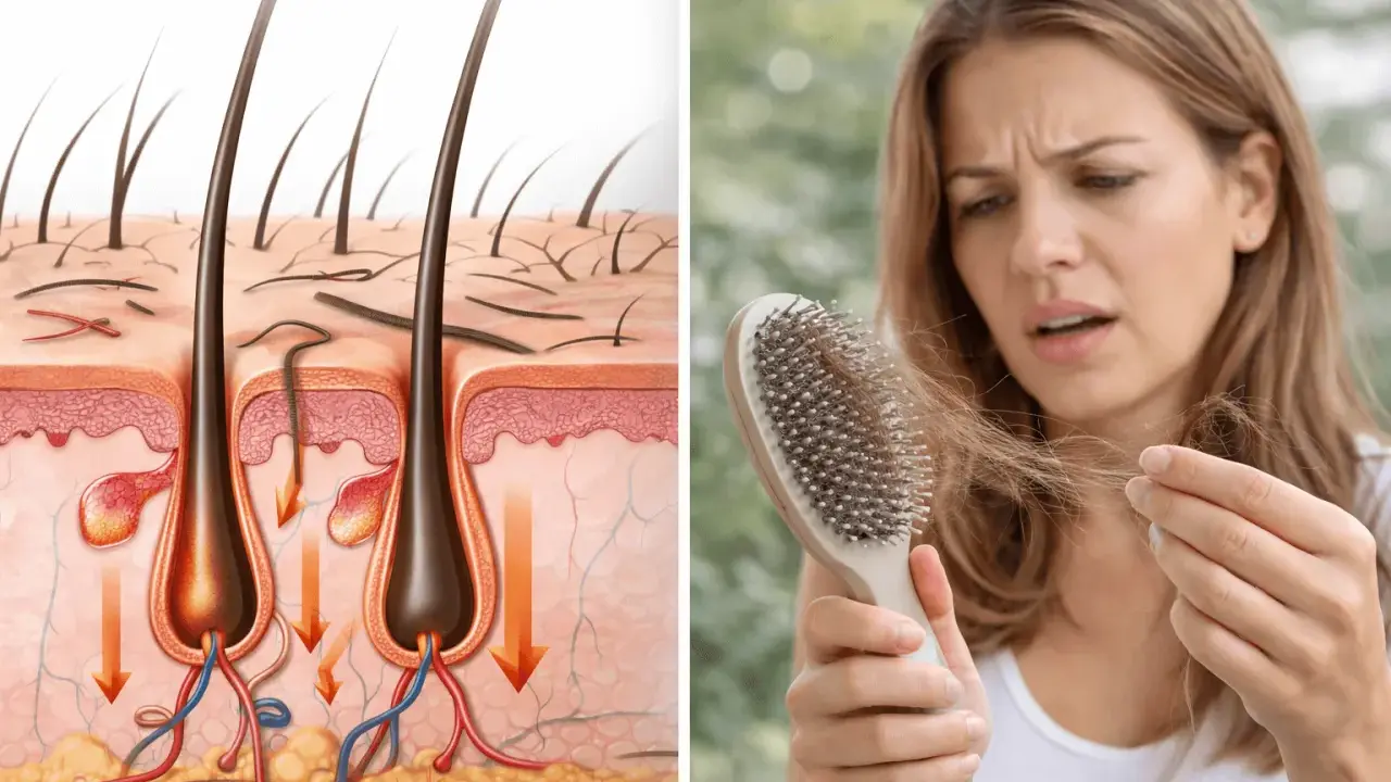 Illustrazione anatomica del follicolo pilifero e donna preoccupata per i capelli persi sul pettine, un segno del periodo caduta capelli.