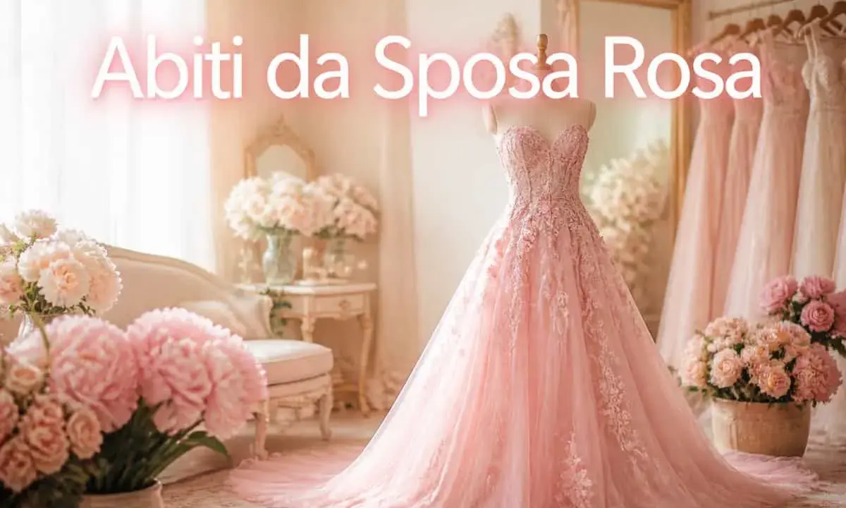 Un magnifico abito da sposa in tulle rosa, con pizzo floreale e una lunga gonna a balze, esposto in un ambiente romantico con fiori rosa.