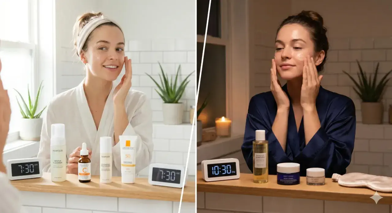 Due immagini affiancate mostrano i passaggi della skincare routine: mattina con SPF e sera con prodotti notturni.