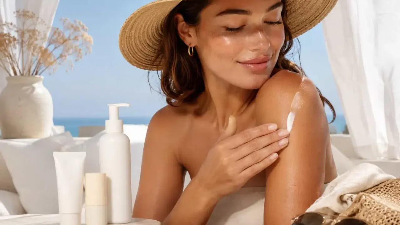 Donna con cappello di paglia applica crema solare sul braccio, mostrando che si può mettere il fondotinta sopra la crema solare per un look radioso.