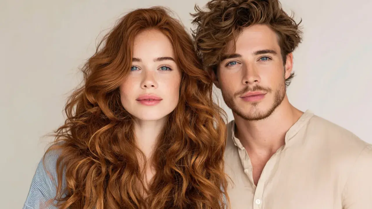 Coppia con capelli perfetti: lei con chioma rossa e riccia, lui con capelli castani mossi.