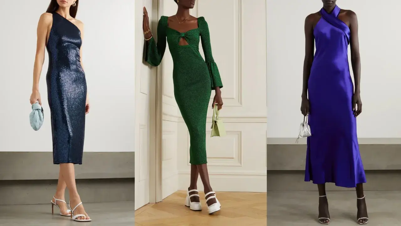 Tre abiti eleganti: blu con paillettes, verde con cut-out e viola in raso. Un abito bustier midi perfetto per ogni occasione.