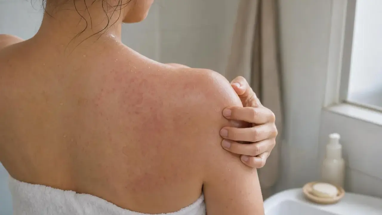 Donna con eruzione cutanea rossa sulla schiena e sulle spalle, che si gratta per il prurito dopo la doccia.