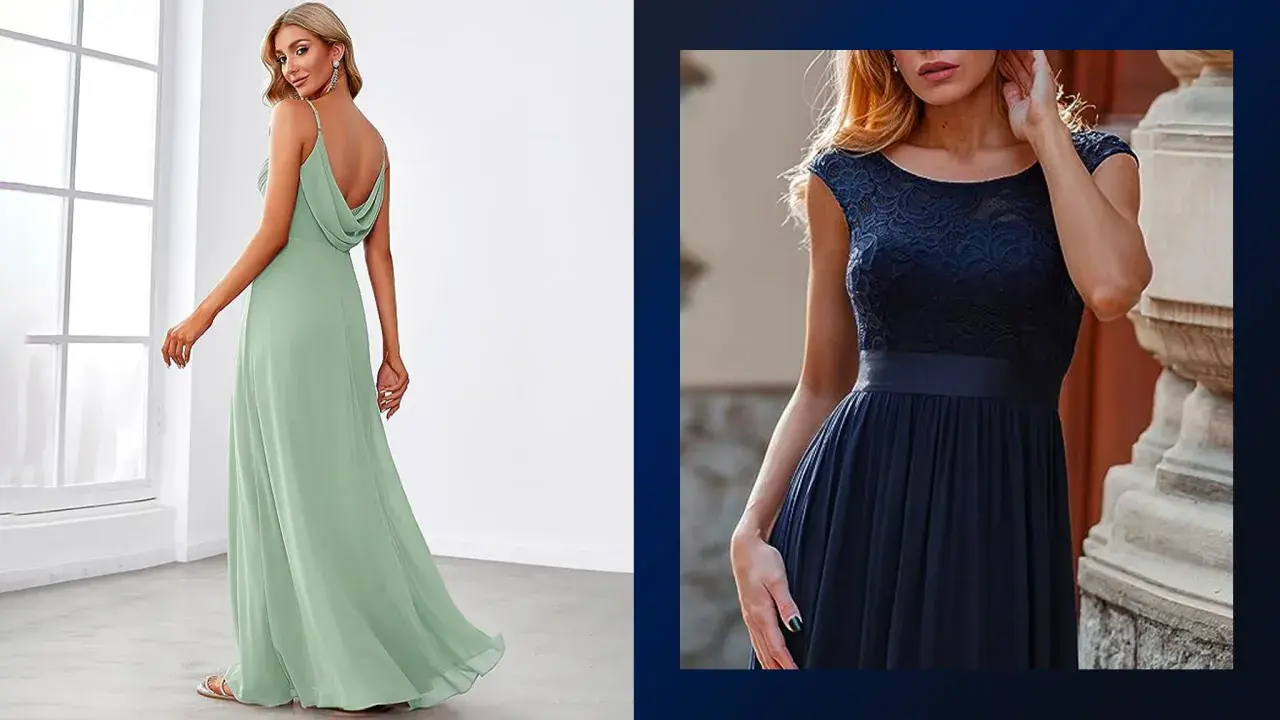 Modella indossa un abito in chiffon corto verde menta con spalline sottili e un elegante drappeggio sulla schiena.