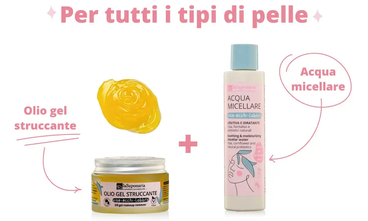 Scopri come si fa la doppia detersione con olio gel struccante e acqua micellare, per tutti i tipi di pelle.