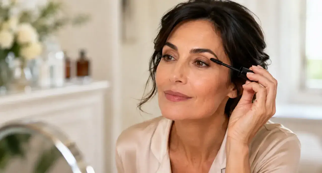 Donna applica il mascara, un passaggio fondamentale nei passaggi trucco base viso per uno sguardo intenso.