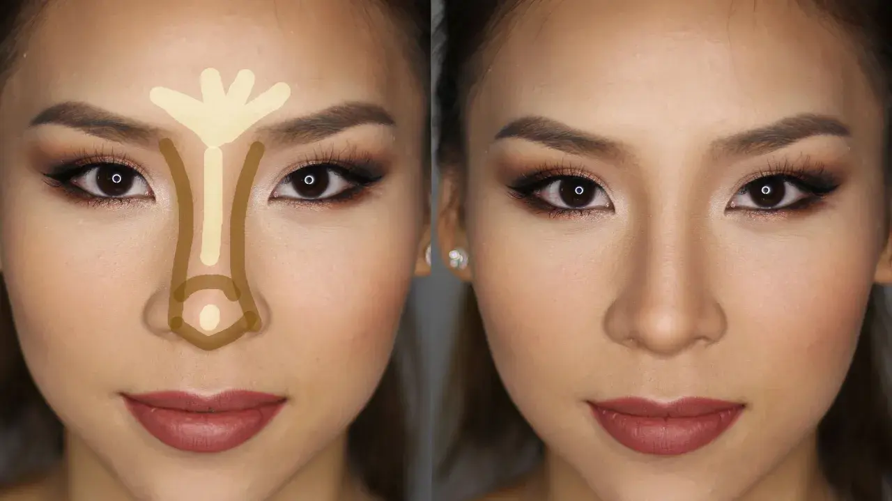 Tecnica di contouring per un naso a patata: evidenziare la parte centrale e ombreggiare i lati per affinarlo.