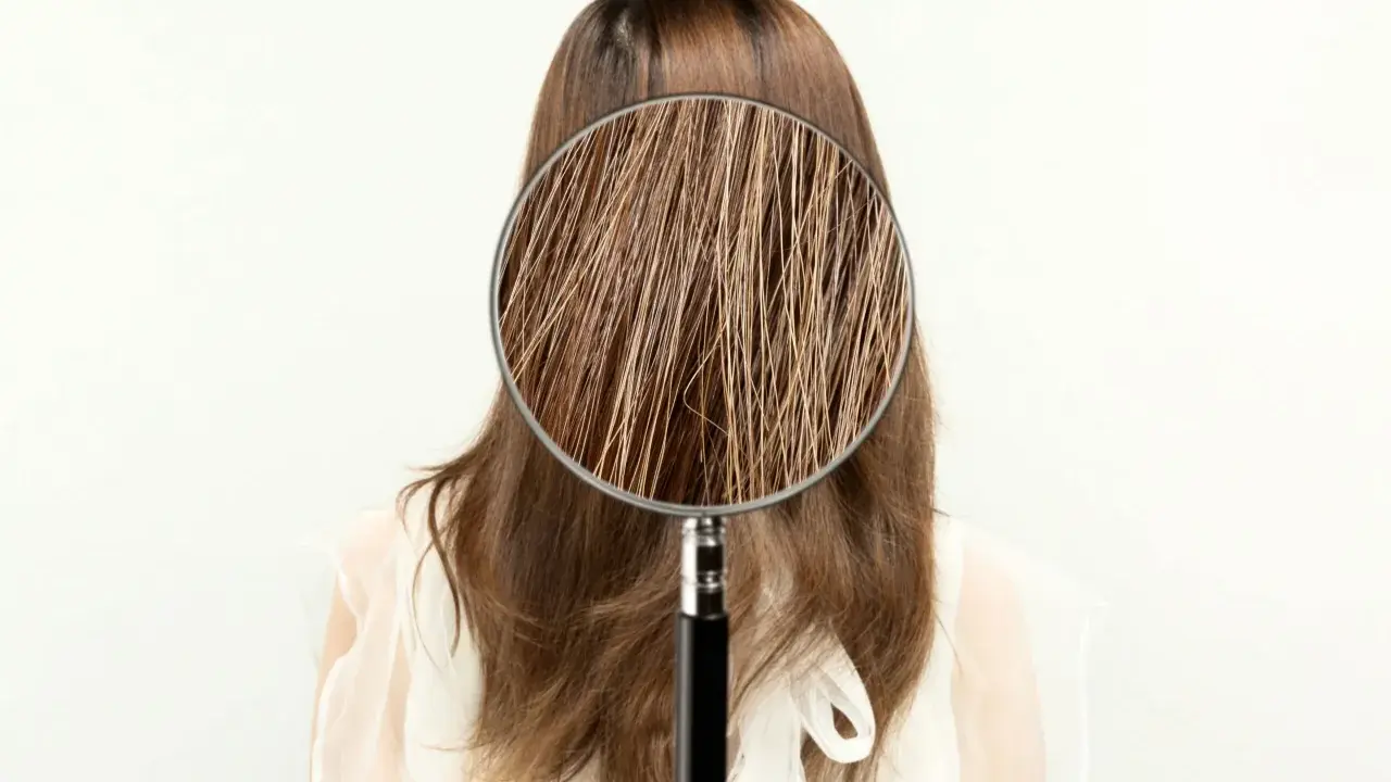 Ingrandimento dei capelli sfibrati, mostrando le cause di fragilità e secchezza.