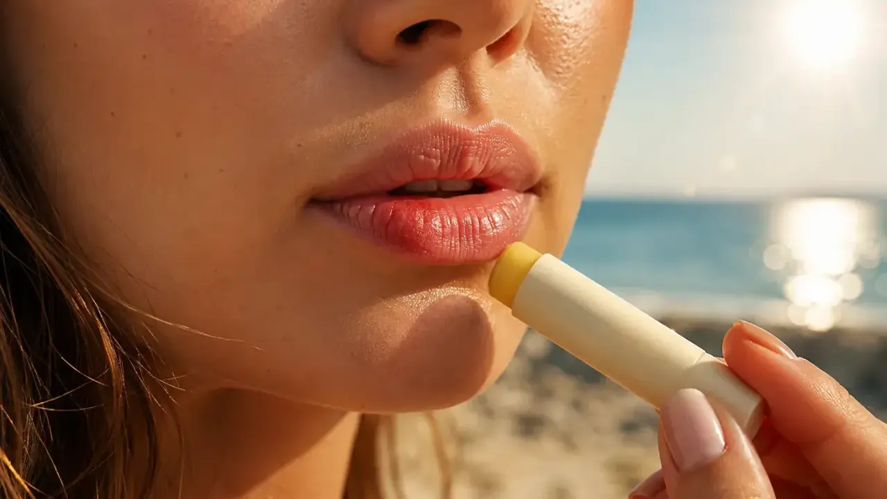 Labbra morbide e protette dal sole. Un balsamo applicato mentre le labbra si abbronzano sulla spiaggia, con il mare sullo sfondo.
