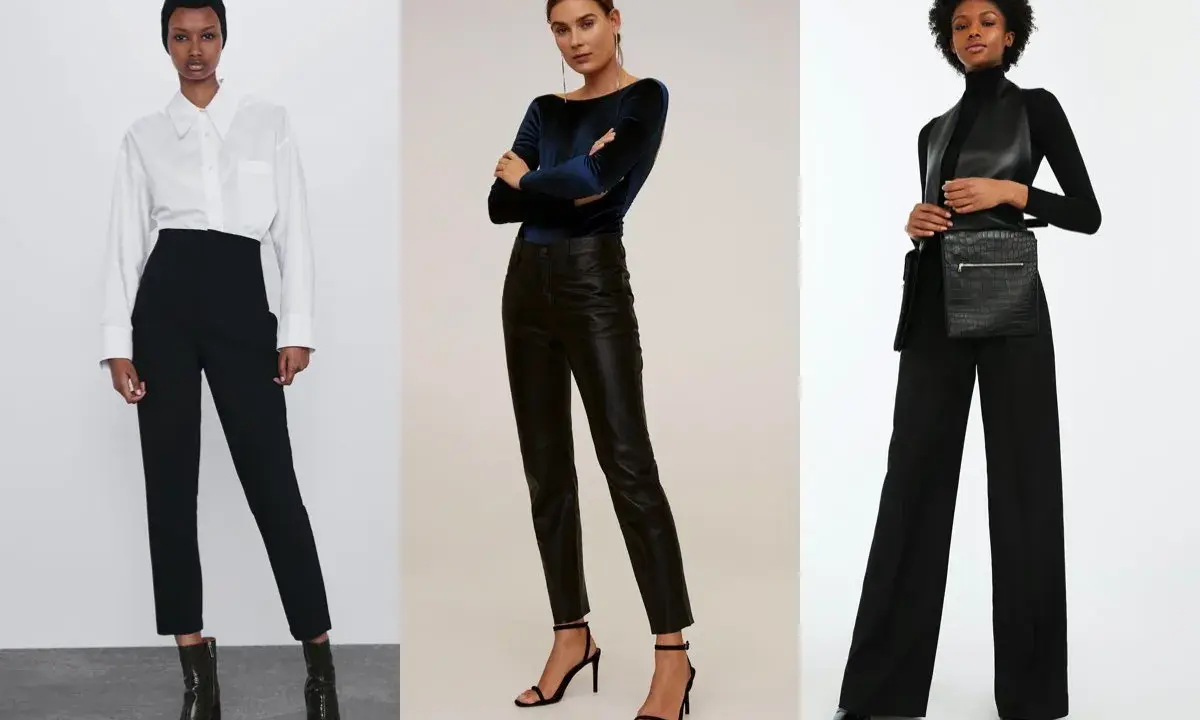 Tre donne indossano outfit eleganti con pantaloni neri. A sinistra, un pantalone largo elegante a vita alta con camicia bianca. Al centro, un pantalone elegante in pelle nera. A destra, un pantalone largo elegante a palazzo.