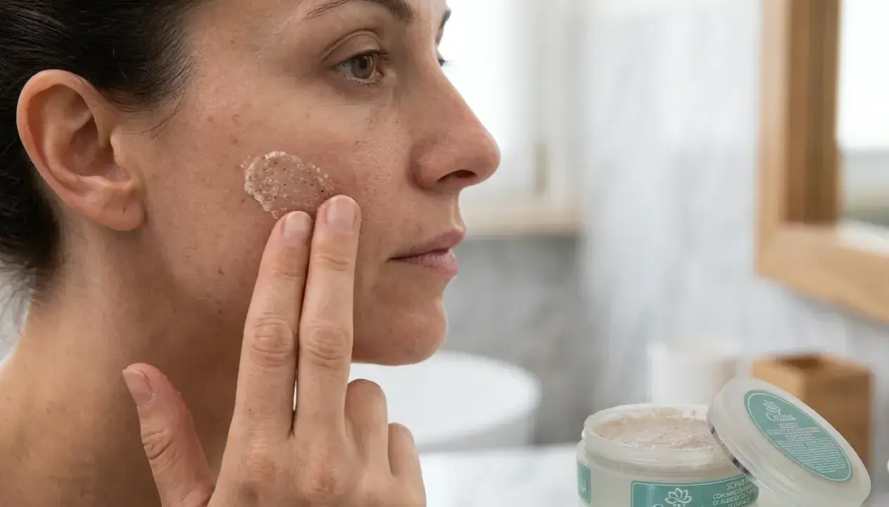 Donna applica esfoliante viso con grani fini. Scopri cos'è e come usarlo per una pelle luminosa.
