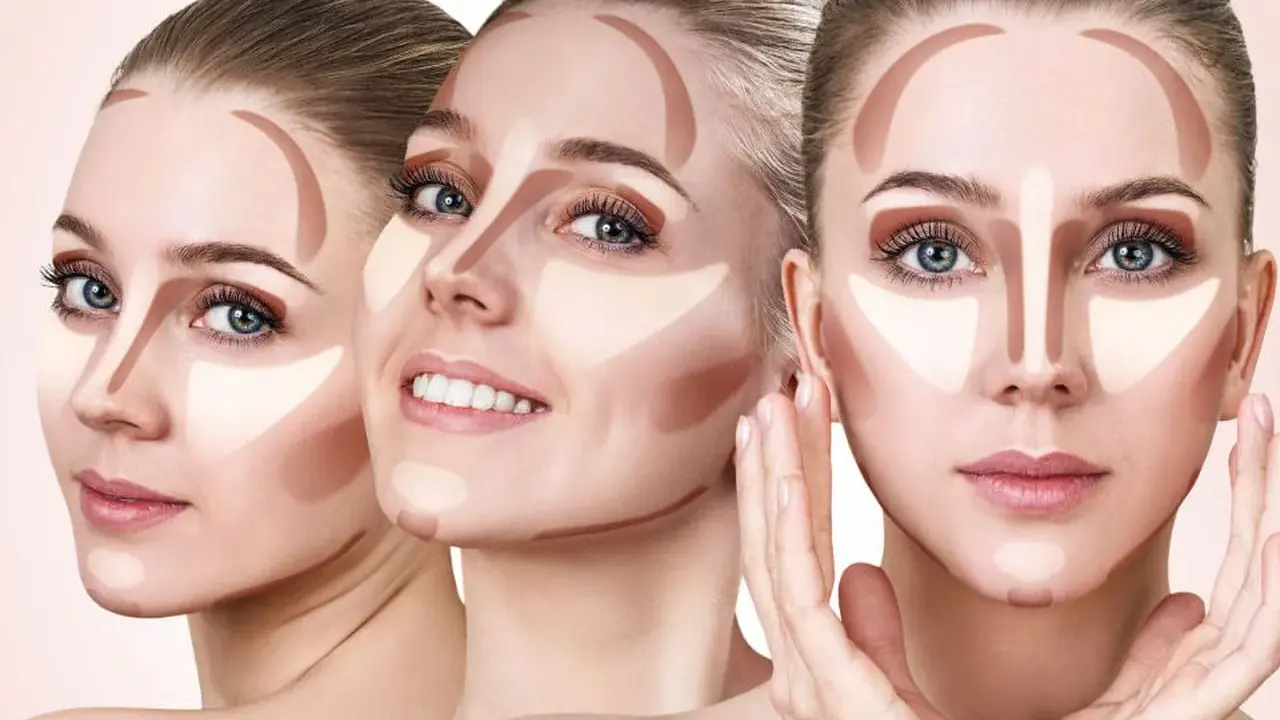 Tre volti femminili mostrano le tecniche di schema contouring viso, con linee di ombretto e illuminante per scolpire i tratti.