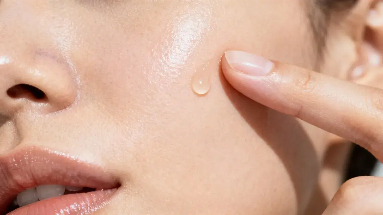 Goccia di siero sulla pelle, un tocco delicato. La niacinamide a cosa serve? Migliora la barriera cutanea e riduce le imperfezioni.