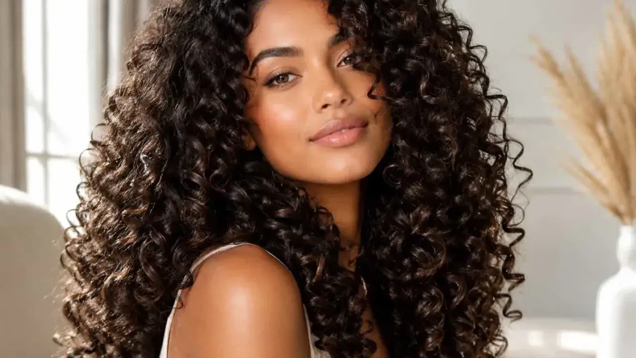 Una donna con splendidi capelli ricci scuri, un look naturale che fa chiedere perchè i capelli sono ricci.