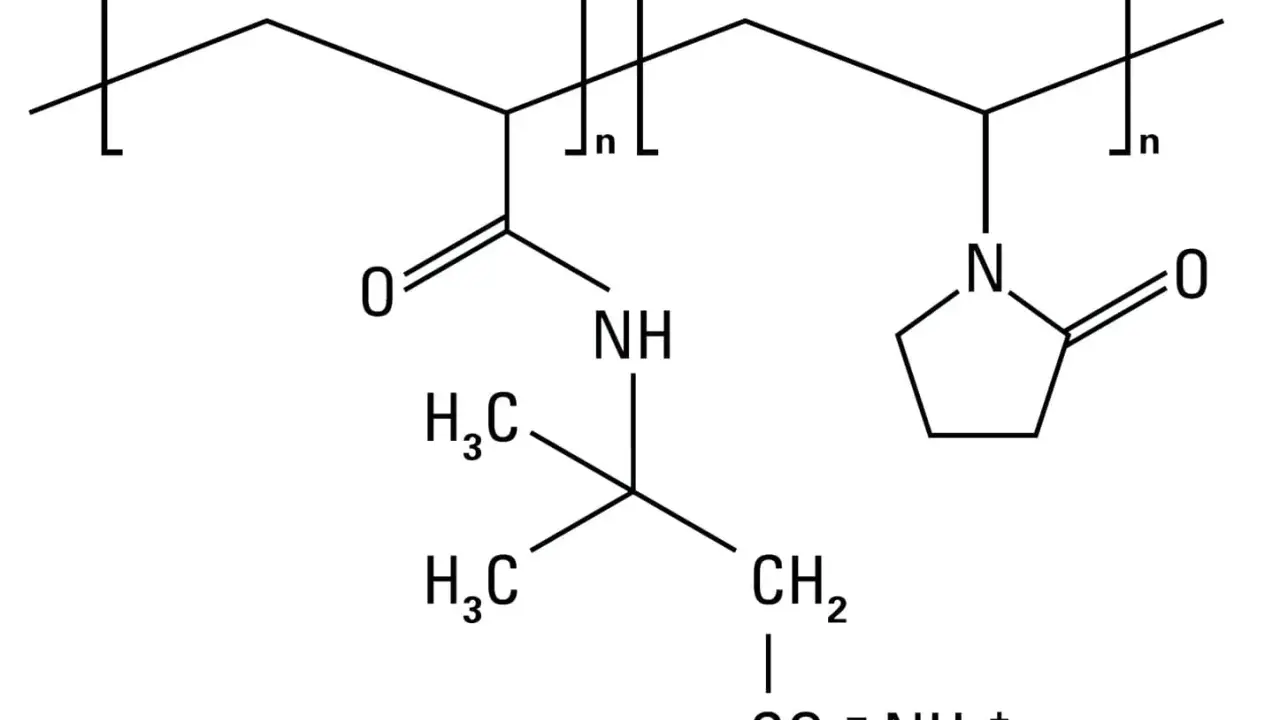 Struttura chimica del copolimero ammonium acryloyldimethyltaurate/vp, con catena polimerica e gruppi funzionali distinti.