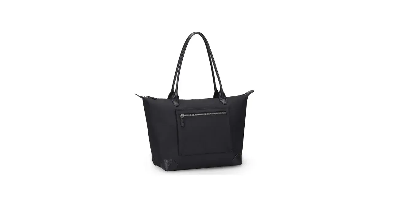 Elegante borsa nylon nera con manici in pelle e tasca esterna con zip. Perfetta per ogni occasione.