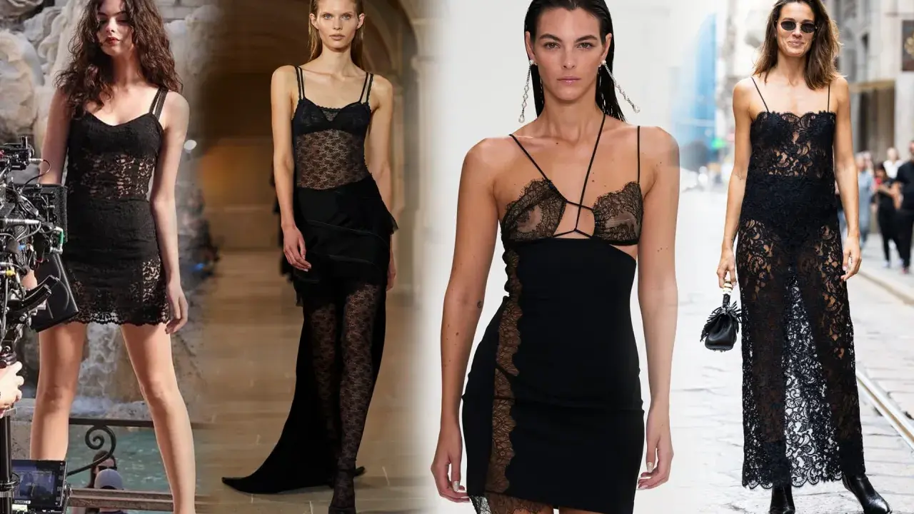 Modelle sfoggiano un sensuale abito nero pizzo, corto e lungo, con dettagli audaci e trasparenze eleganti.