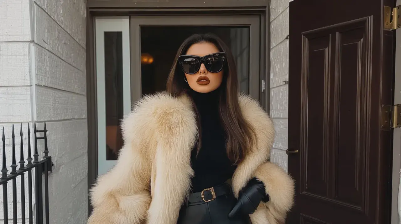 Donna con pelliccia chiara, occhiali da sole oversize e rossetto scuro, un look da vera mob wife.