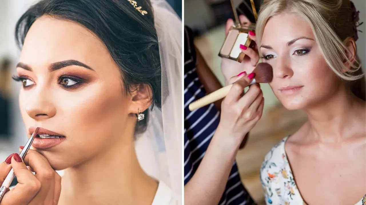 Trucco sposa delicato: una sposa con tiara e velo riceve il tocco finale al trucco labbra, mentre un'altra viene preparata con un pennello sul viso.
