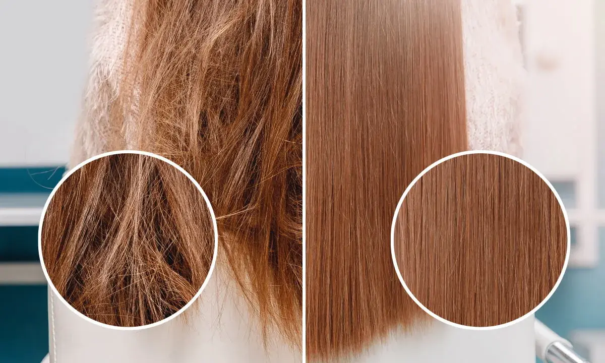 Capelli crespi prima e lisci dopo un trattamento alla cheratina. La cheratina serve a ricostruire e levigare la fibra capillare, donando lucentezza e morbidezza.