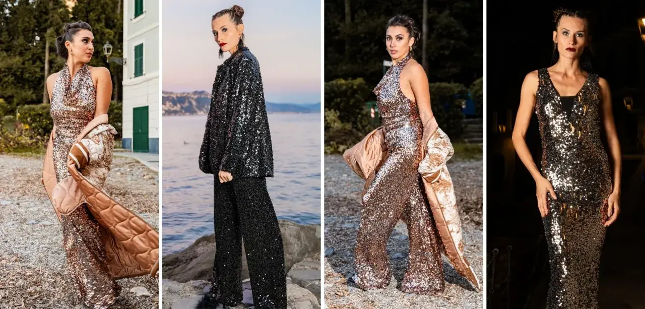 Modella indossa un abito a rete con strass scintillanti, un completo elegante e audace.