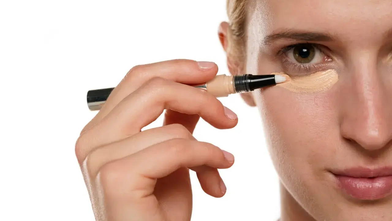 Applicazione di correttore sotto l'occhio, un passo essenziale per chi vuole sapere come togliere trucco waterproof e avere un incarnato perfetto.
