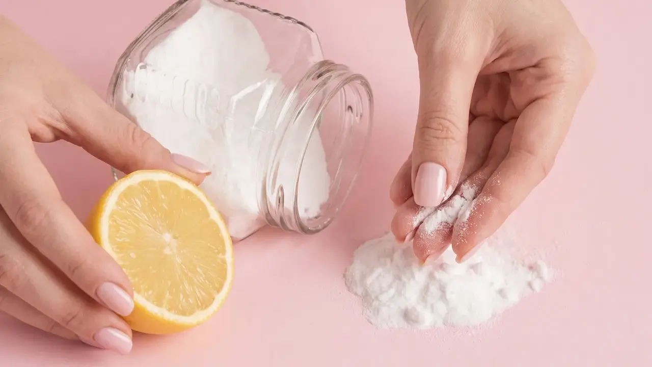Mani che preparano una maschera fai-da-te con limone e bicarbonato per scoprire come togliere i brufoli dal viso.