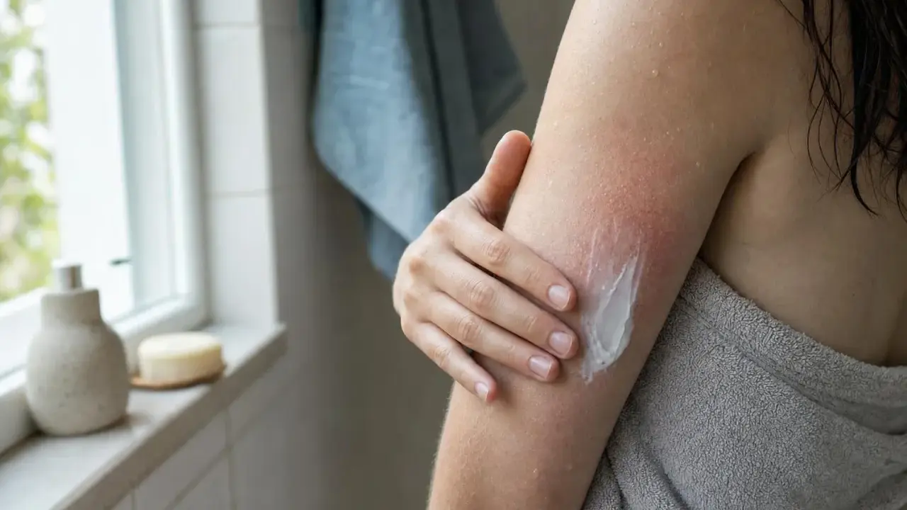 Mani che applicano crema su un braccio arrossato, con tracce di pelle morta dopo la doccia.