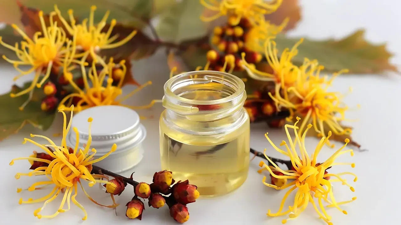 Un vasetto di olio dorato circondato da fiori gialli e boccioli rossi. L'amamelide cos'è? Un rimedio naturale.
