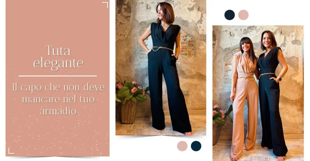 Tuta elegante donna nera, un capo essenziale per un look sofisticato. Due modelli, uno nero e uno beige, con cintura dorata.