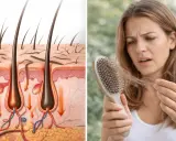 Illustrazione anatomica del follicolo pilifero e donna preoccupata per i capelli persi sul pettine, un segno del periodo caduta capelli.