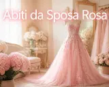Un magnifico abito da sposa in tulle rosa, con pizzo floreale e una lunga gonna a balze, esposto in un ambiente romantico con fiori rosa.