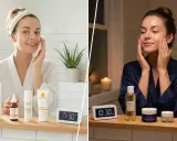 Due immagini affiancate mostrano i passaggi della skincare routine: mattina con SPF e sera con prodotti notturni.