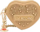 A beige heart-shaped Moschino keychain with gold studs and "LOVE MOSCHINO" logo.