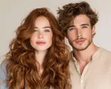 Coppia con capelli perfetti: lei con chioma rossa e riccia, lui con capelli castani mossi.
