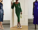 Tre abiti eleganti: blu con paillettes, verde con cut-out e viola in raso. Un abito bustier midi perfetto per ogni occasione.