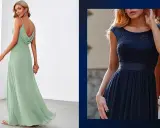 Modella indossa un abito in chiffon corto verde menta con spalline sottili e un elegante drappeggio sulla schiena.