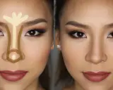 Tecnica di contouring per un naso a patata: evidenziare la parte centrale e ombreggiare i lati per affinarlo.