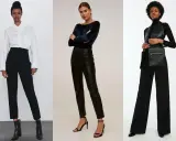 Tre donne indossano outfit eleganti con pantaloni neri. A sinistra, un pantalone largo elegante a vita alta con camicia bianca. Al centro, un pantalone elegante in pelle nera. A destra, un pantalone largo elegante a palazzo.