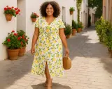 Donna sorridente con un vestito limoni, cammina in un vicolo fiorito.