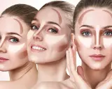 Tre volti femminili mostrano le tecniche di schema contouring viso, con linee di ombretto e illuminante per scolpire i tratti.