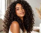 Una donna con splendidi capelli ricci scuri, un look naturale che fa chiedere perchè i capelli sono ricci.