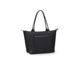 Elegante borsa nylon nera con manici in pelle e tasca esterna con zip. Perfetta per ogni occasione.