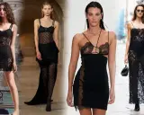 Modelle sfoggiano un sensuale abito nero pizzo, corto e lungo, con dettagli audaci e trasparenze eleganti.