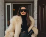 Donna con pelliccia chiara, occhiali da sole oversize e rossetto scuro, un look da vera mob wife.