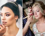 Trucco sposa delicato: una sposa con tiara e velo riceve il tocco finale al trucco labbra, mentre un'altra viene preparata con un pennello sul viso.