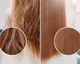 Capelli crespi prima e lisci dopo un trattamento alla cheratina. La cheratina serve a ricostruire e levigare la fibra capillare, donando lucentezza e morbidezza.