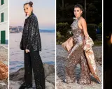 Modella indossa un abito a rete con strass scintillanti, un completo elegante e audace.