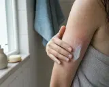 Mani che applicano crema su un braccio arrossato, con tracce di pelle morta dopo la doccia.