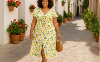 Donna sorridente con un vestito limoni, cammina in un vicolo fiorito.
